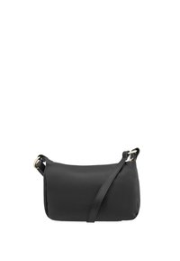 Borsa a tracolla nera in pelle con finitura testurizzata, forma curvata, tracolla regolabile e dettagli in metallo dorato.
