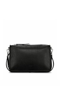 Sac bandoulière en cuir noir avec finition texturée, forme rectangulaire, fermeture zippée sur le dessus et accents métalliques argentés. Logo sur le devant.