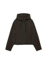 Jachetă cu glugă maro închis, cu fermoar frontal, două buzunare laterale cu fermoar, glugă cu șnur reglabil și tiv elastic.