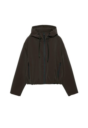 Tmavohnedá bunda s kapucňou, predný zips, dve zapínateľné bočné vrecká na zips, kapucňa so šnúrkou a elastický spodný lem.