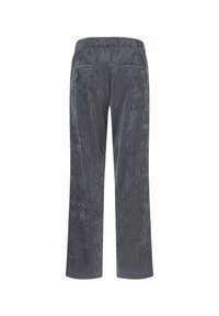 Graue Cord-Hosen mit einem weit geschnittenen Design, das eine strukturierte Oberfläche, einen elastischen Bund und zwei Gesäßtaschen aufweist.