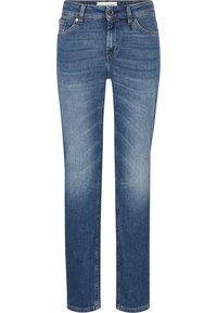 Jean en denim bleu clair avec une coupe droite, cinq poches, légères décolorations et une fermeture éclair, arborant une étiquette de ceinture de marque.