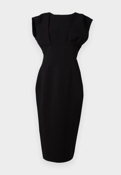 Svart åtsittande klänning med korta ärmar, strukturerad kropp och pennsilhuett. Slät, matt tyg utan synliga mönster eller utsmyckningar.