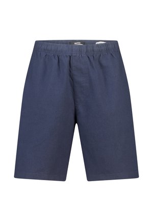 Navyblauwe korte broek met elastische taille en rechte snit, zonder zichtbare zakken of patronen, weergegeven op een witte achtergrond.