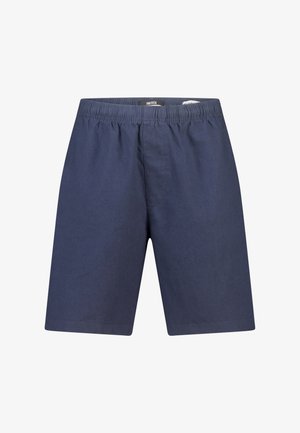 Navyblauwe korte broek met elastische taille en rechte snit, zonder zichtbare zakken of patronen, weergegeven op een witte achtergrond.