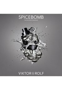Black perfume bottle labeled Spicebomb by Viktor&Rolf surrounded by a dynamic splash of water on a gray background.