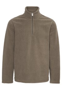 Pullover in pile di colore verde oliva, con un colletto alto e una zip a un quarto. Tessuto morbido e testurizzato con maniche lunghe e bordi rifiniti.