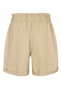 Beige linnen shorts met een elastische tailleband, met een gekreukt textuur en omgeslagen zoom voor een ontspannen pasvorm. Geen zakken.