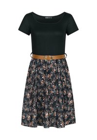 Robe noire côtelée avec un décolleté en cœur, des manches courtes, une jupe florale aux tonalités sombres, et une ceinture marron avec une boucle circulaire à la taille.