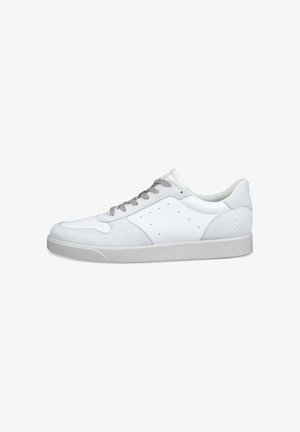 Sneaker bassa bianca con lacci grigi, pannelli in suede e pelle e dettagli laterali traforati su suola piatta in gomma.