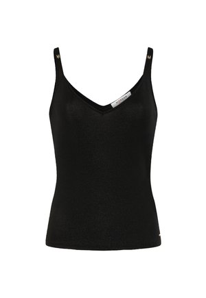 Top senza maniche nero con scollo a V, caratterizzato da un design aderente, realizzato in un tessuto testurizzato con una leggera lucentezza, impreziosito da dettagli in metallo dorato con logo.