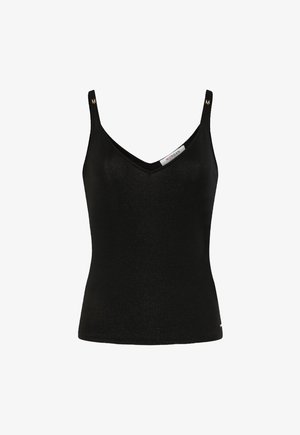 Top senza maniche nero con scollo a V, caratterizzato da un design aderente, realizzato in un tessuto testurizzato con una leggera lucentezza, impreziosito da dettagli in metallo dorato con logo.