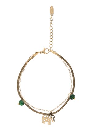 Brățară stratificată aurie, cu mărgele verzi și un pandantiv tăiat în formă de elefant, prevăzută cu un clasp reglabil cu lanț.