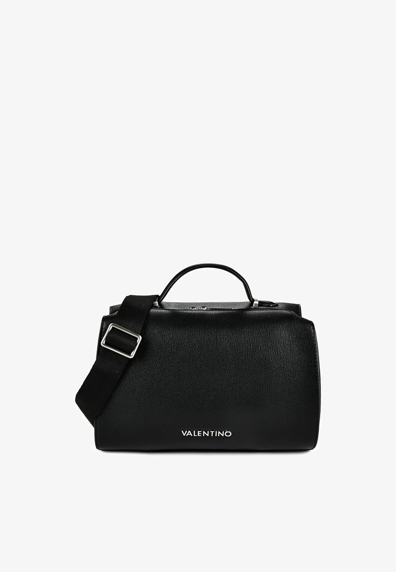 Black textured leather Valentino handbag with top handle, adjustable shoulder strap, and silver logo on front center.