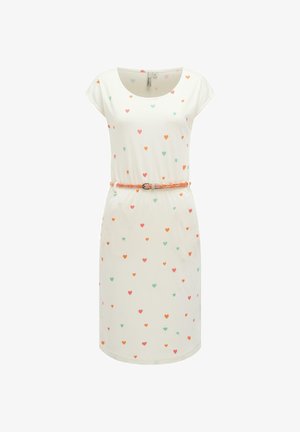 Witte knielange jurk met korte mouwen, meerkleurige kleine hartjesprint en een oranje gevlochten riem in de taille.