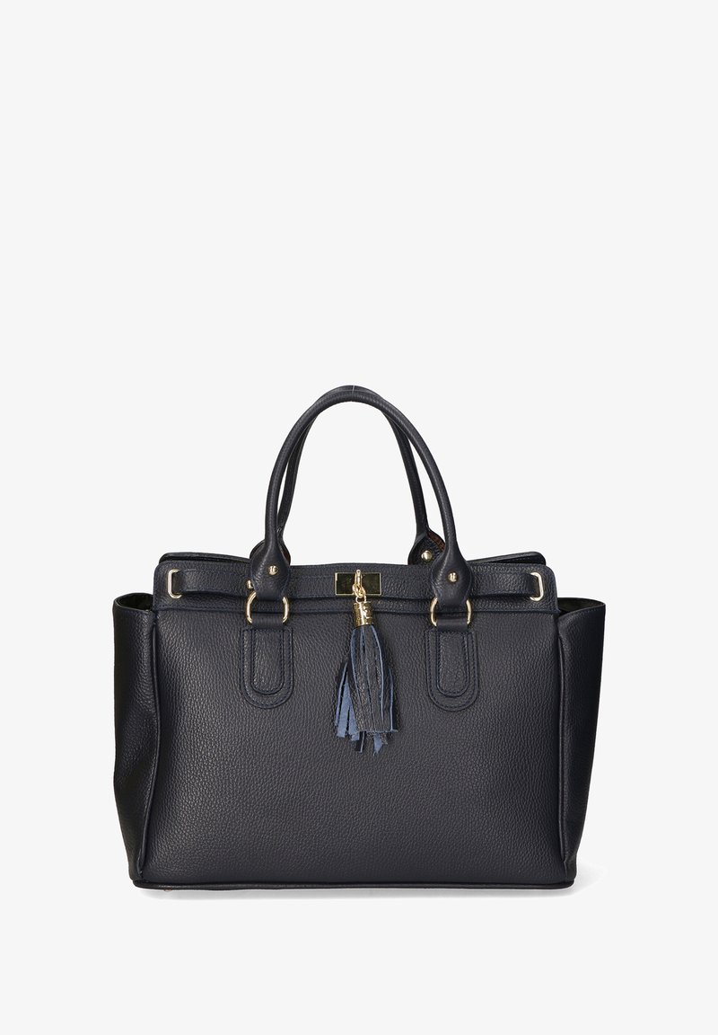 Borsa a tracolla nera in pelle con superficie texture, manici superiori doppi, dettagli laterali e un pendente decorativo. La chiusura in tonalità oro completa il design.