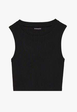 Μαύρο αμάνικο crop top με ραβδωτή υφή. Διαθέτει στρογγυλή λαιμόκοψη και φαρδιές ραφές στους ώμους. Κατασκευασμένο από ελαστικό ύφασμα.