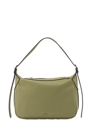 Olivengrøn skuldertaske med enkelt strop, lynlåslukning og minimalistisk design med diskret logodetalje foran.