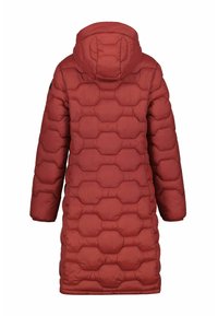 Cappotto imbottito rosso con cappuccio, caratterizzato da un motivo a nido d'ape, maniche lunghe e un design lunghezza ginocchio.