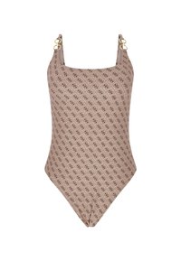 Brown one-piece swimsuit with a diamond pattern and logo accent. Square neckline, wide straps with circular gold hardware. Smooth texture.