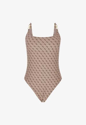 Smeđi jednodijelni kupaći kostim s uzorkom dijamanta i akcentom s logom. Kvadratni izrez, široke naramenice s okruglim zlatnim detaljima. Glatka tekstura.