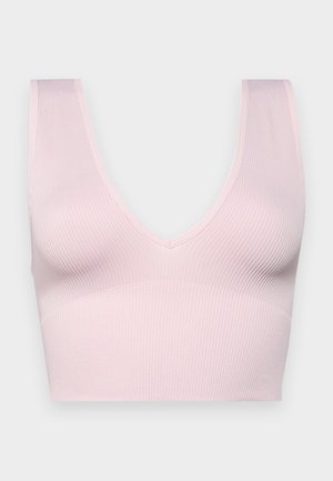 Reggiseno rosa a coste con design a V e spalline larghe. Realizzato in materiale morbido ed elastico; costruzione senza cuciture per il massimo comfort.
