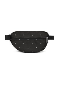 Czarna saszetka na biodro z materiału w srebrne kropki. Posiada zamek błyskawiczny i regulowany pasek z jednej strony.