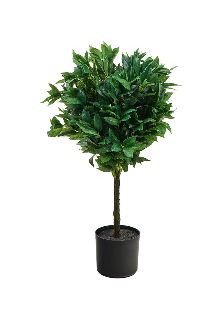 Arbre artificiel en pot avec des feuilles vertes denses, un tronc texturé gris et un pot rond noir rempli de terre. Design compact et symétrique.
