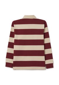 Langarm-Polohemd mit Kragen, das abwechselnde weinrote und beige horizontale Streifen sowie gerippte Bündchen aufweist.