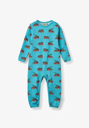 Long-sleeve turquoise onesie with red and green fire truck pattern. Features snaps at the bottom for easy dressing. Soft fabric texture.