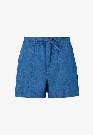 Blå denim shorts med snoreliv, to forlommer og en afslappet pasform. Stoffet er let og har en blød tekstur.