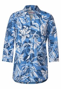 Blue button-up shirt with a floral pattern in white and navy. Made of lightweight fabric with a collar and three-quarter sleeves.