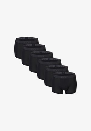 Schwarzes Boxershort-Set mit elastischem Bund und Logo sowie glatter Textur, in einer Reihe angeordnet, mit sichtbarem Beuteldesign.