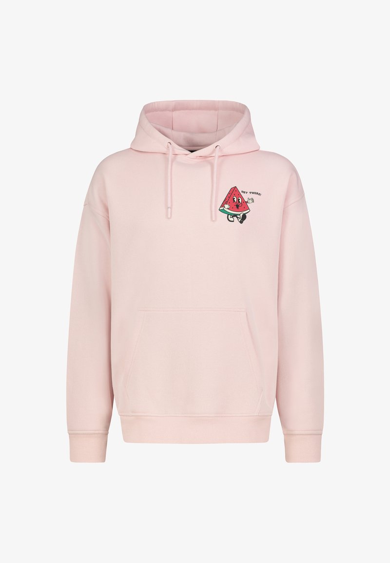 Helle rosa Kapuzenpulli mit Kängurutasche, verstellbarem Kapuzenzug und einem Cartoon-Wassermelonenmotiv auf der Brust. Weicher Stoff.