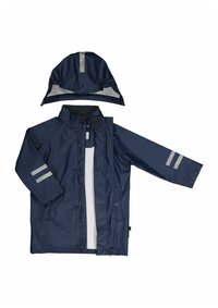 Marine regnjakke med aftagelig hætte, vandtæt materiale, reflekterende sølvstriber på ærmerne, hel lynlås og trykknaplukning.
