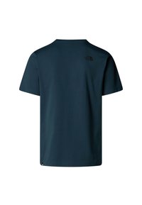 Herre navy blue kortærmet t-shirt lavet af bomuld, med rund hals og et lille sort logo på ryggen. Glat tekstur.