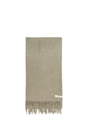 Beige wool scarf with fringed ends and a small white label reading "COMMA" on a plain background.