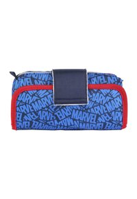 Blue zippered pouch with red accents, features repeating "MARVEL" text pattern, fabric material, and Velcro strap closure.