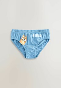 Culotte pour enfants de couleur bleu clair avec un design de chien de dessin animé. Présente une taille élastique et des fronces sur les côtés. Texte "BINGO" à l'avant.