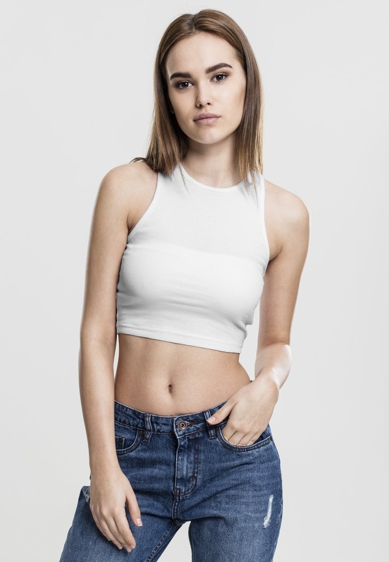 Urban Classics Top Corto Donna Shiny Rib | Jersey Elasticizzato Lucido, Schiena Racer, Vestibilità Slim, Elastico In Vita, Nero - 2