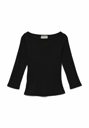 Haut noir côtelé avec un col décolleté épaule et des manches trois-quarts. Texture lisse et coupe ajustée. Étiquette visible à l'intérieur du col.