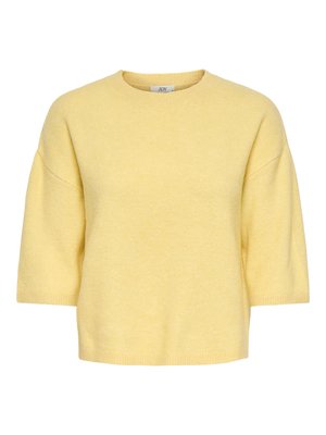 Yellow knitted short-sleeve sweater with a crew neck and relaxed fit.