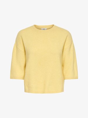 Yellow knitted short-sleeve sweater with a crew neck and relaxed fit.