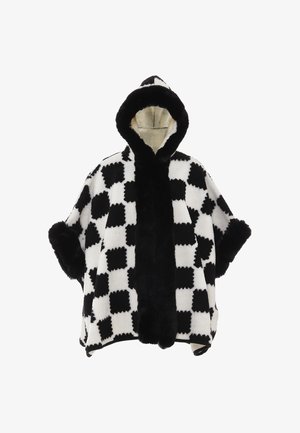Fekete-fehér kockás poncsó kapucnival. Puha, szőrőszerű anyagból készült, fekete szőrmével díszítve az ujjak és az eleje.