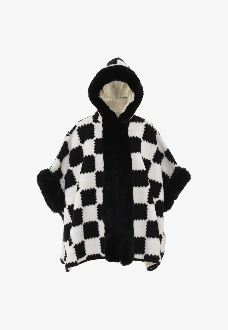 Schwarz-weißer karierter Poncho mit Kapuze. Hergestellt aus weichem, fellartigem Stoff, mit schwarzem Fellbesatz an den Ärmeln und an der Vorderseite.