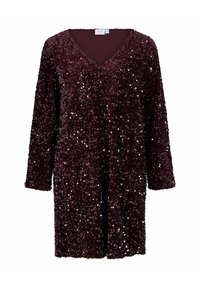 Bordo krāsas sequinu tops ar V veida izgriezumu, garām piedurknēm un brīvu piegriezumu. Segts ar mirdzošiem sequiniem visā virsmā.