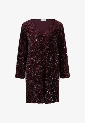 Haut en sequins bordeaux avec un col en V, des manches longues et une coupe ample. Présente des sequins scintillants qui couvrent toute la surface.