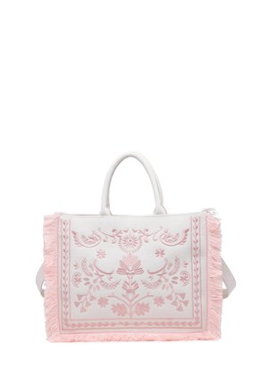 Borsa tote rettangolare bianca con ricamo floreale rosa e bordatura con frange rosa, dotata di due manici corti e tracolla staccabile.