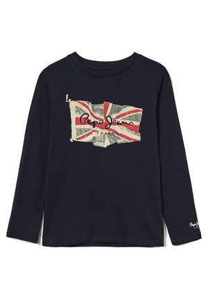 Navyblå skjorte med lange ærmer med et slidt Union Jack-flag og "Pepe Jeans London" logo på fronten og ærmet.