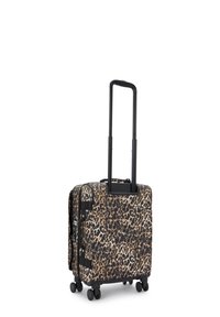 Wheeled leopard print suitcase with a retractable black handle, four wheels, and zipper compartments. Rectangular design with fabric exterior.